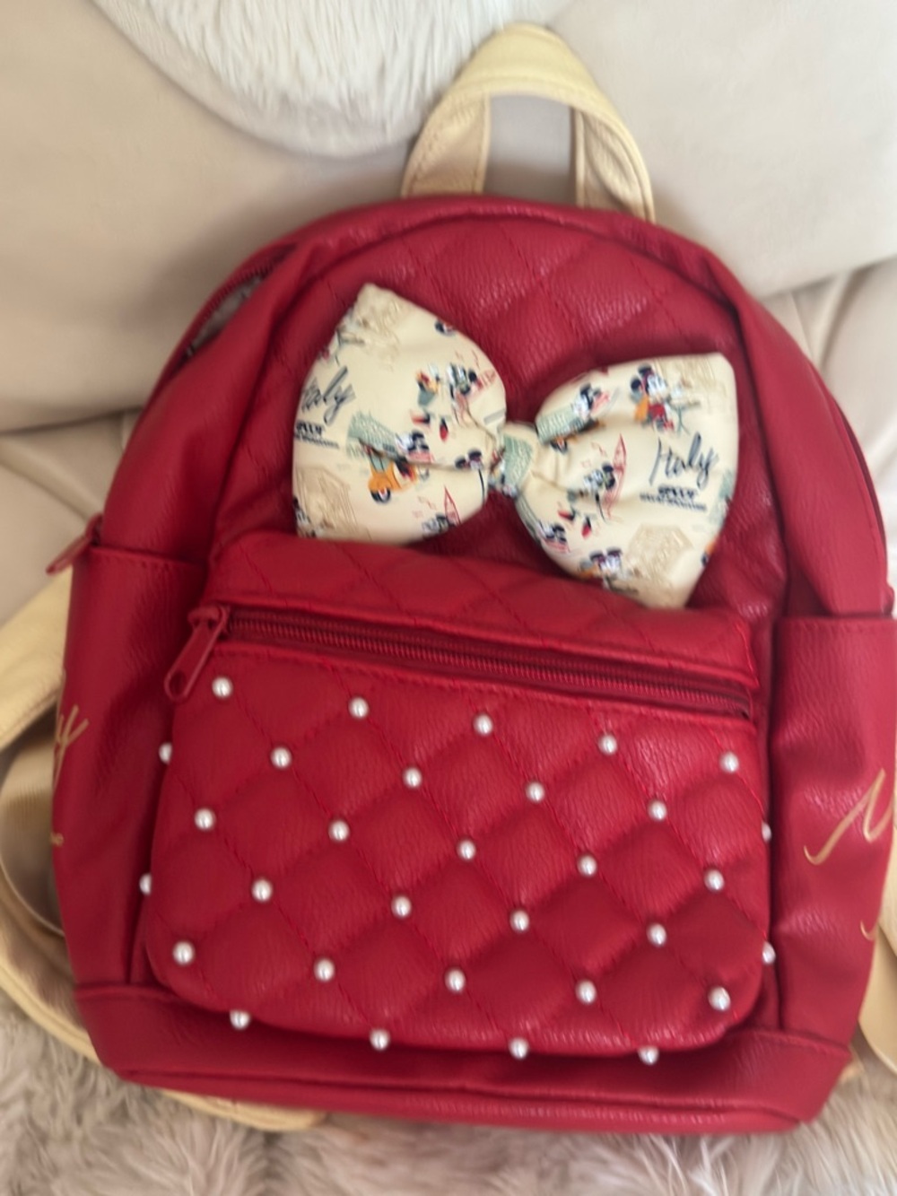 Disney Red Quilted Kids  or adult Backpack with Cream Character Bow